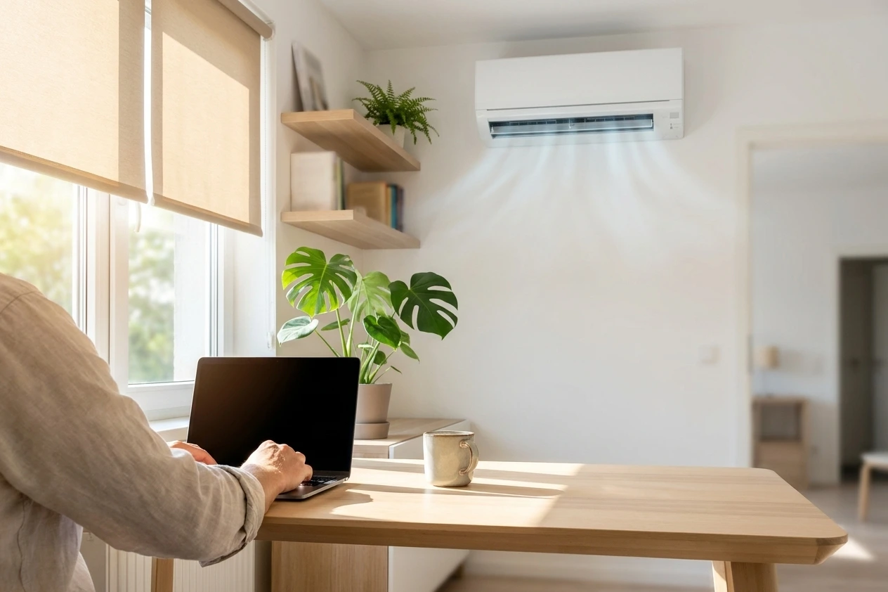 Inneneinheit einer Split-Klimaanlage kühlt ein helles Homeoffice, während eine Person am Schreibtisch mit Laptop arbeitet