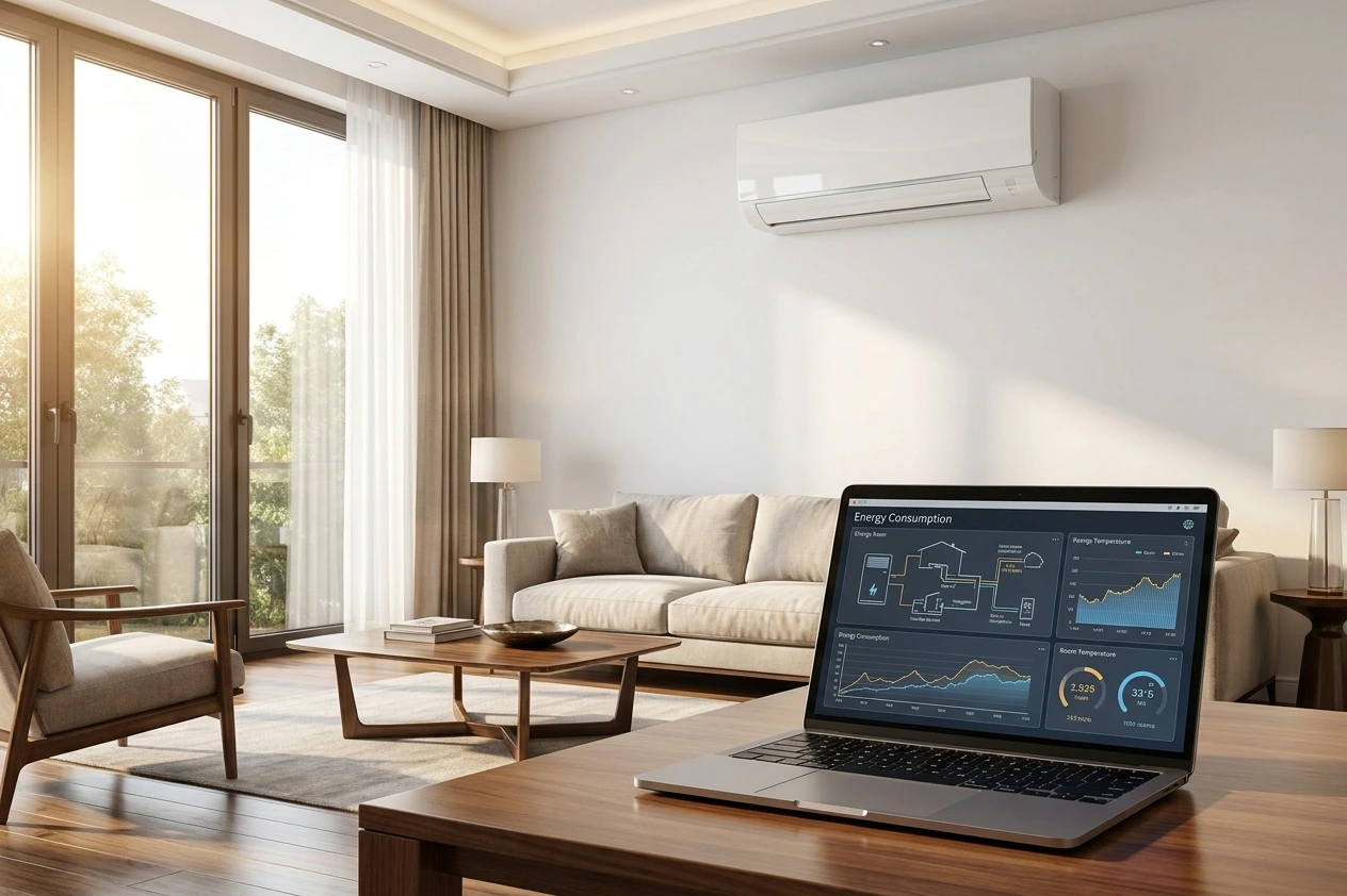 Laptop-Bildschirm mit Statistiken, im Hintergrund Wohnzimmer mit Klimaanlage