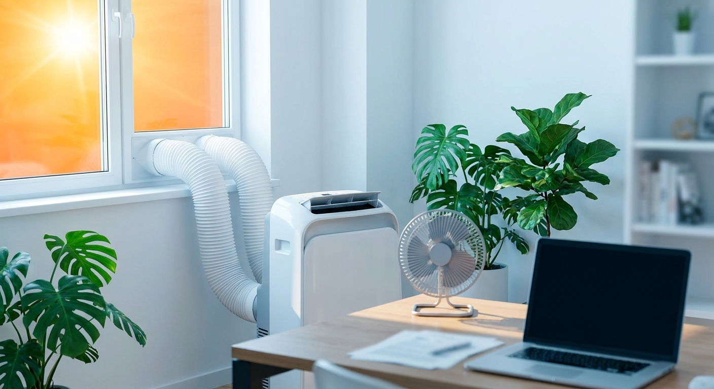 Mobiles Klimagerät mit zwei Abluftschläuchen am Fenster eines hellen Arbeitszimmers