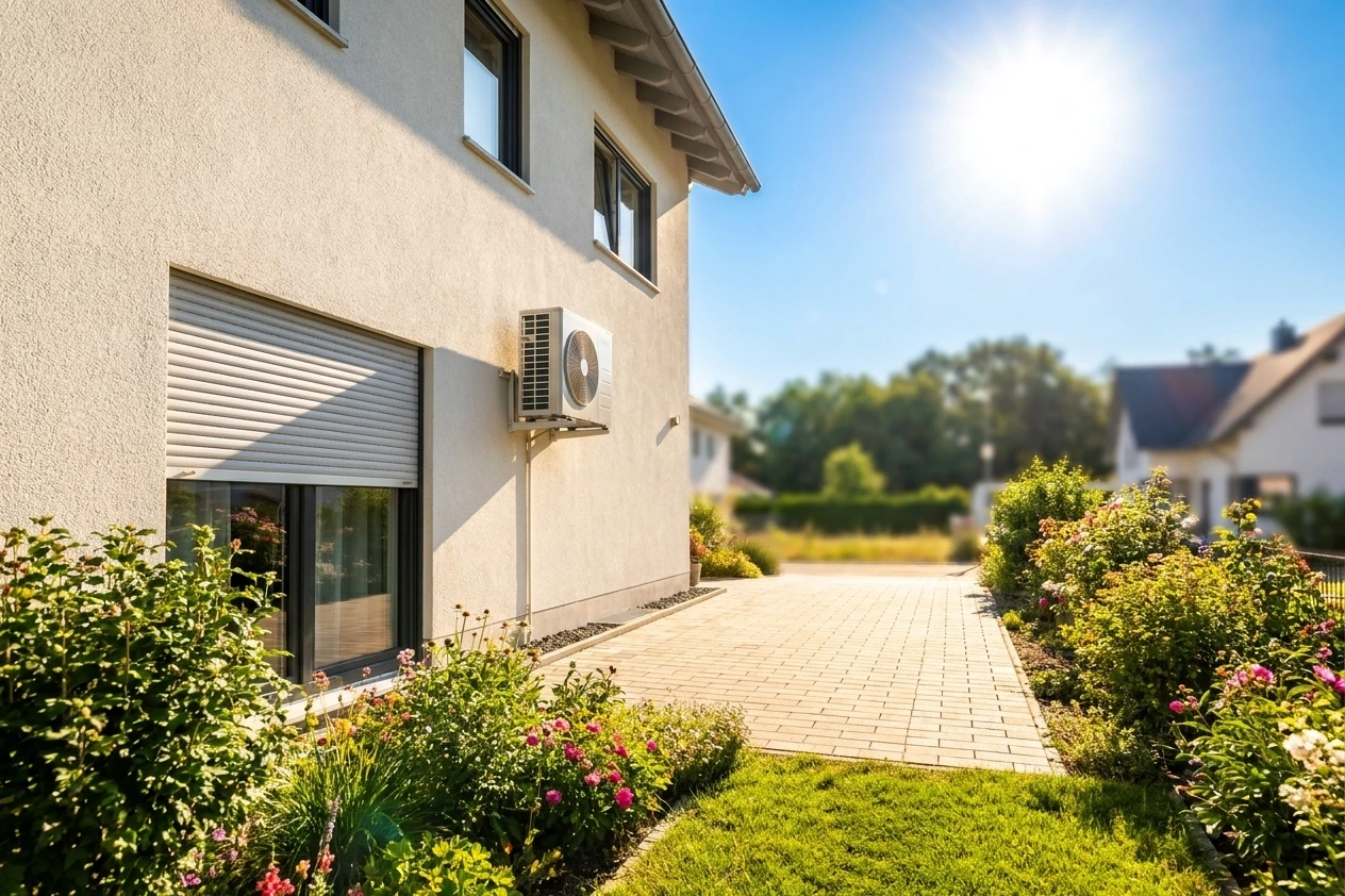 Außeneinheit einer Split-Klimaanlage an der Fassade eines modernen Einfamilienhauses