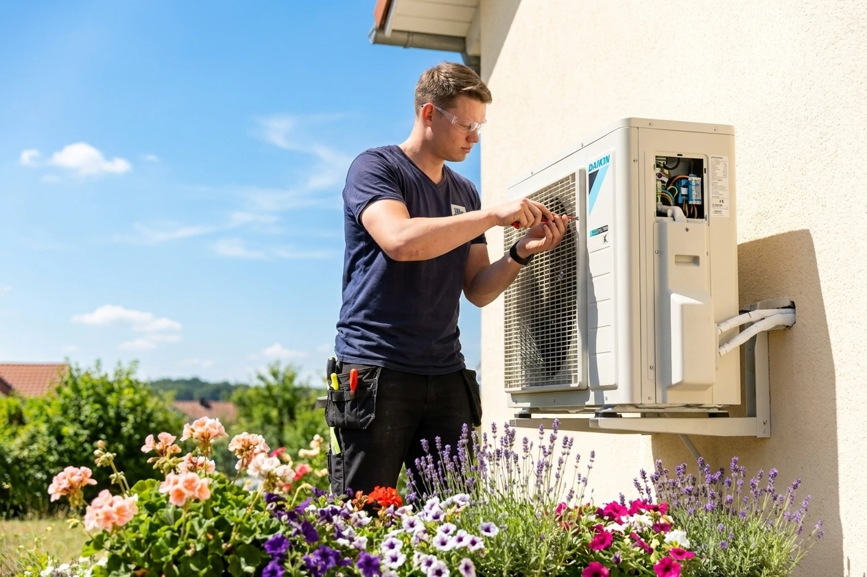 Techniker installiert die Außeneinheit einer Daikin-Klimaanlage an der Hauswand