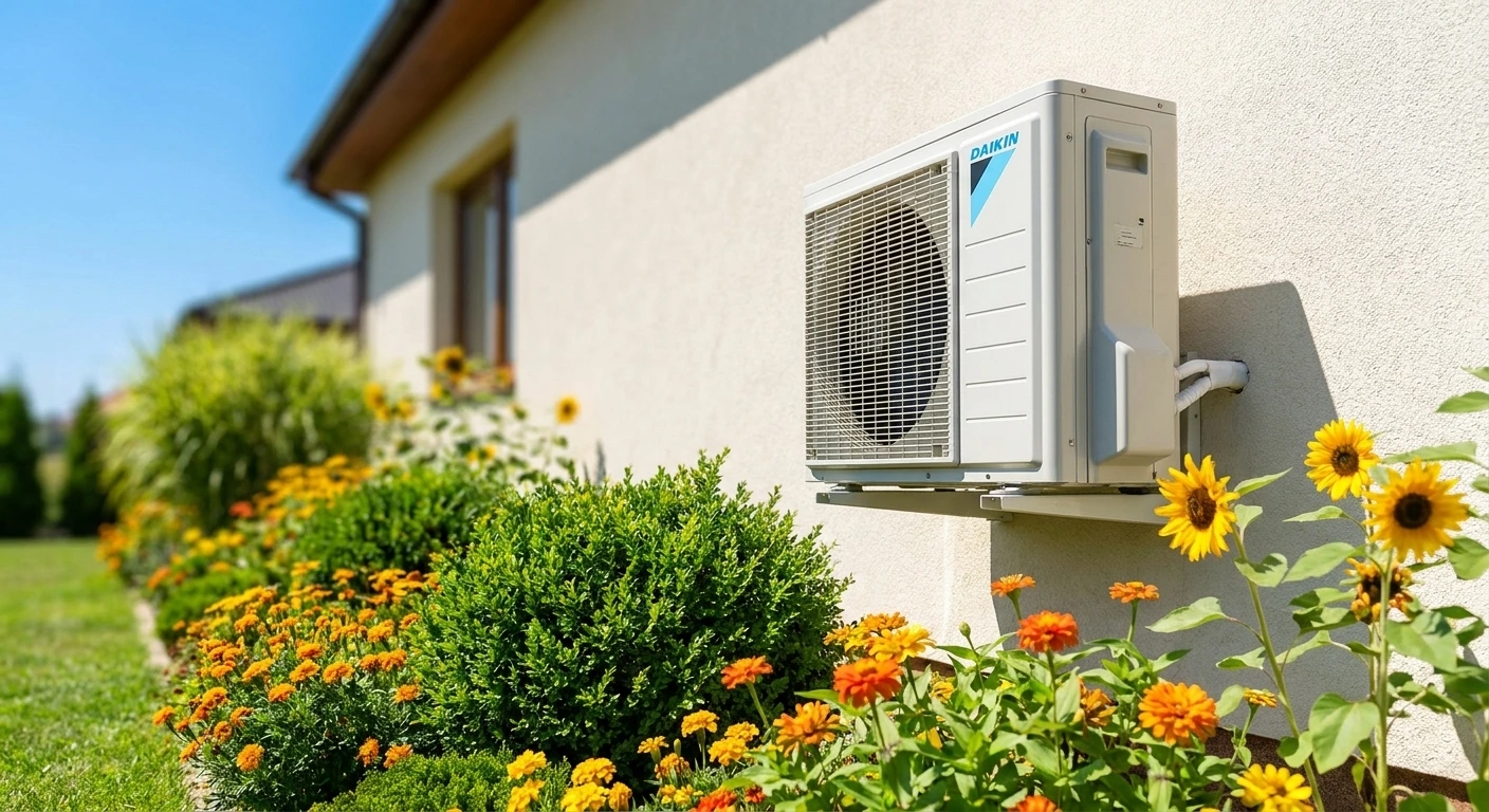 Außeneinheit einer Daikin-Klimaanlage an der Hauswand eines Einfamilienhauses