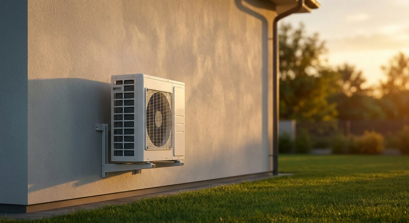 Außeneinheit einer Split-Klimaanlage an der Hauswand eines Einfamilienhauses