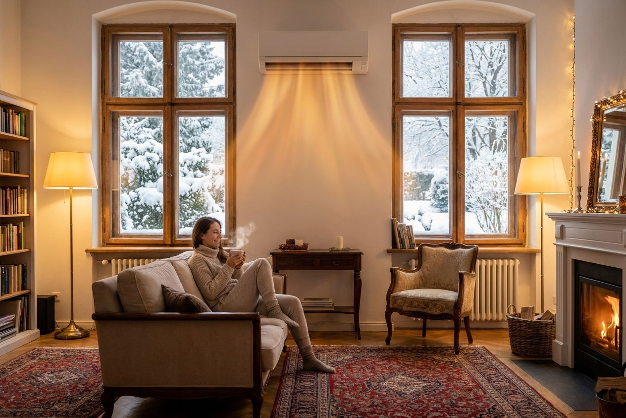 Frau mit heißem Getränk im gemütlichen Altbau-Wohnzimmer, das mit einer Klimaanlage beheizt wird.
