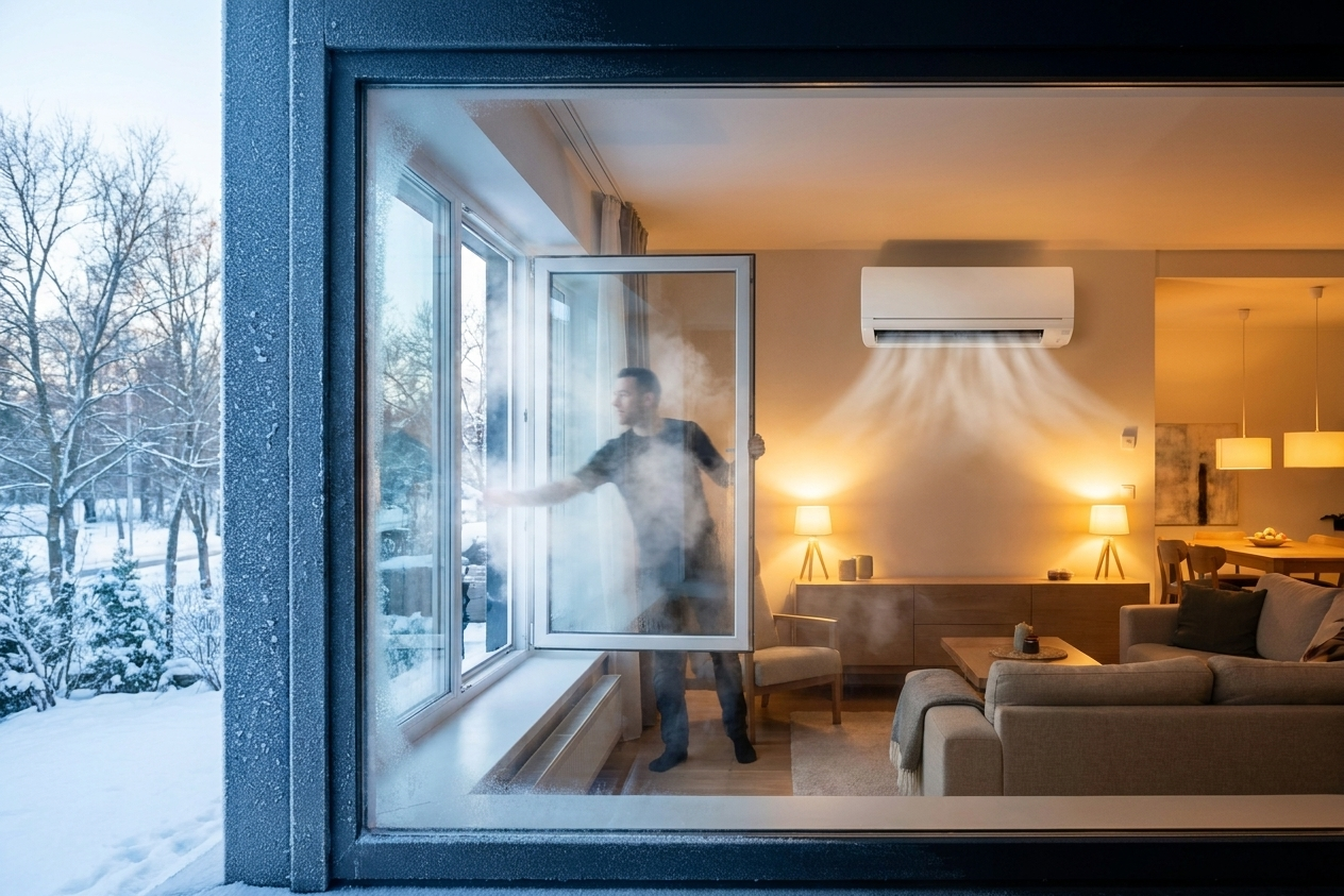 Ein Mann öffnet das Fenster eines mit einer Klimaanlage beheizten Raumes.