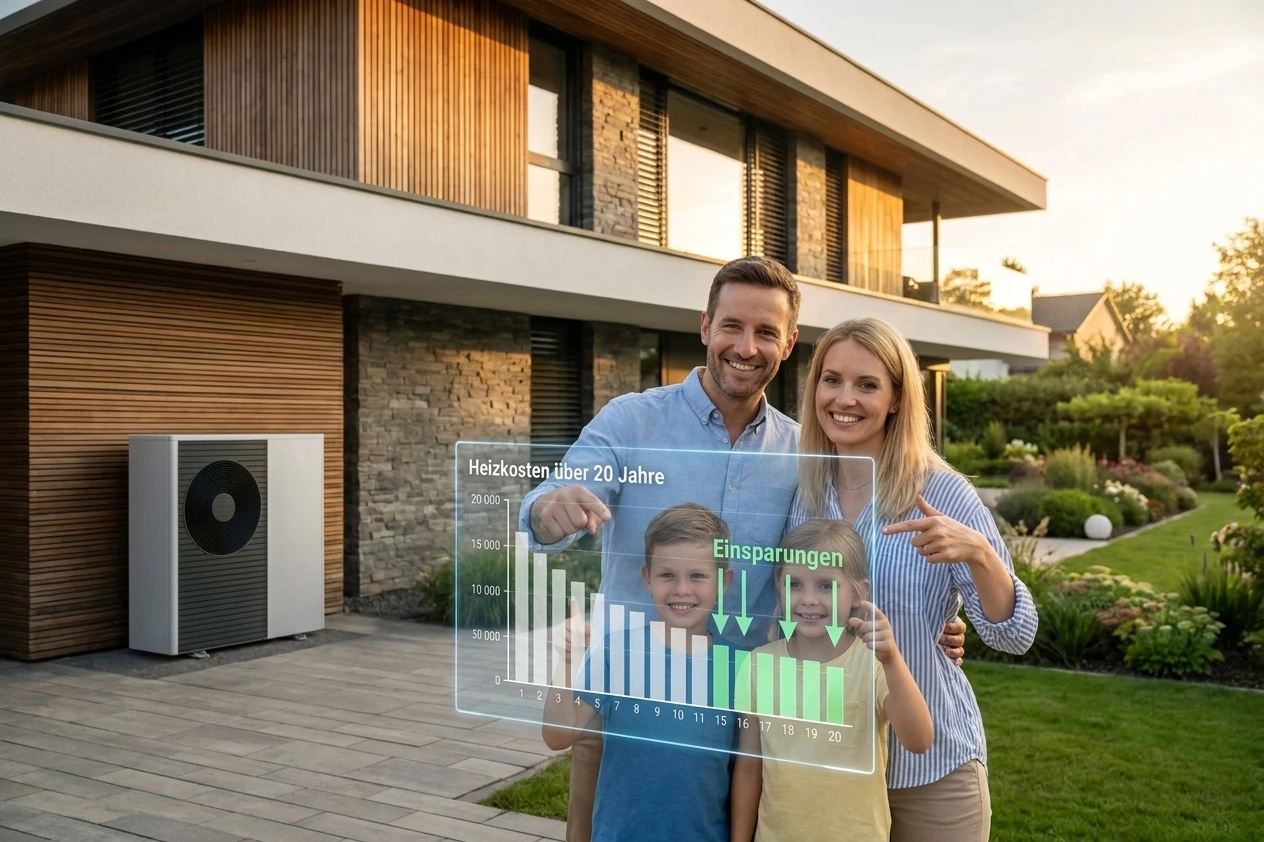 Familie zeigt Energieeinsparung am Haus