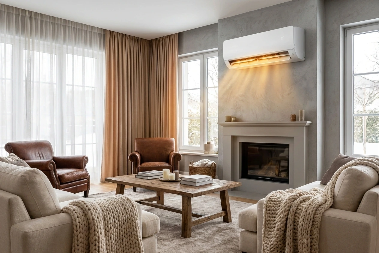 Wohnzimmer mit Klimaanlage im Heizbetrieb