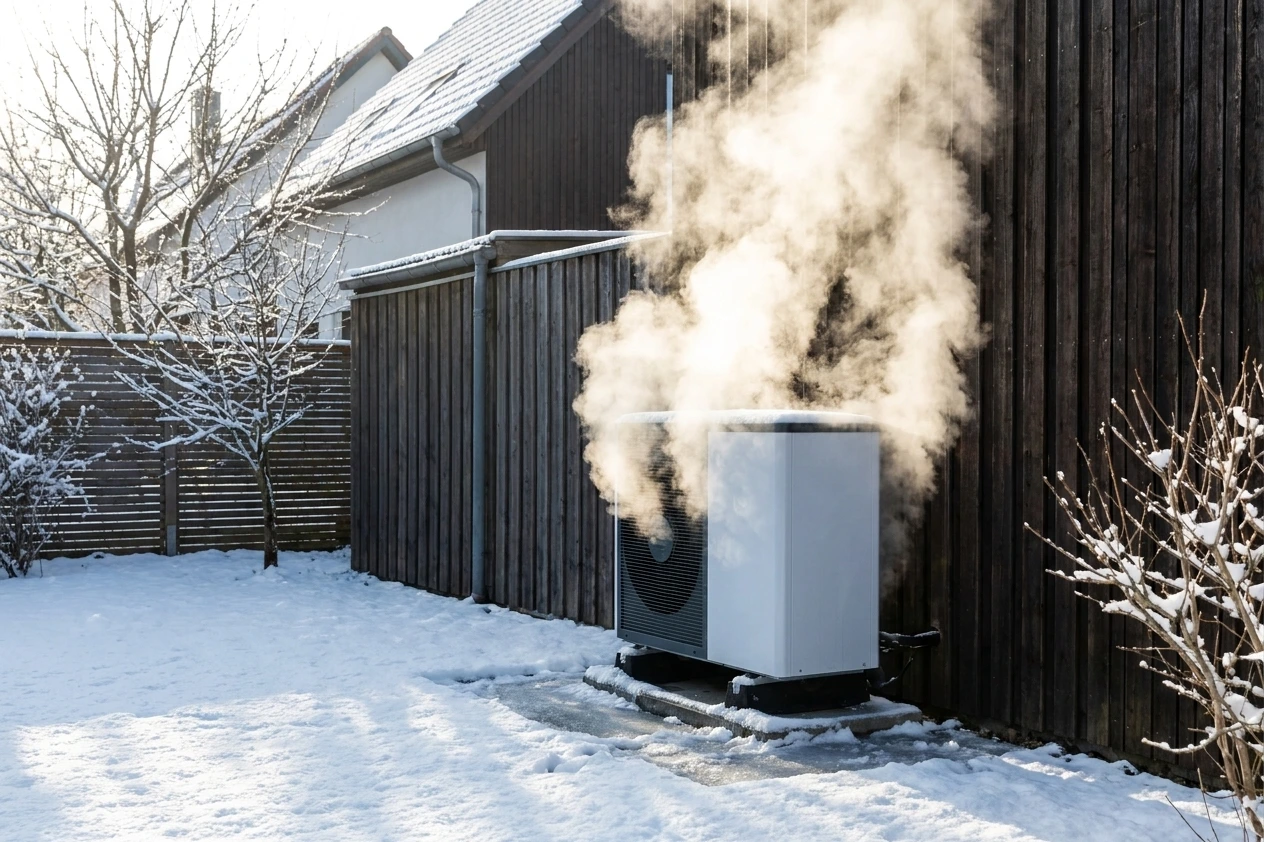 Außengerät einer Wärmepumpe im Winter mit Dampfwolke, verschneiter Garten und Holzfassade im Hintergrund.