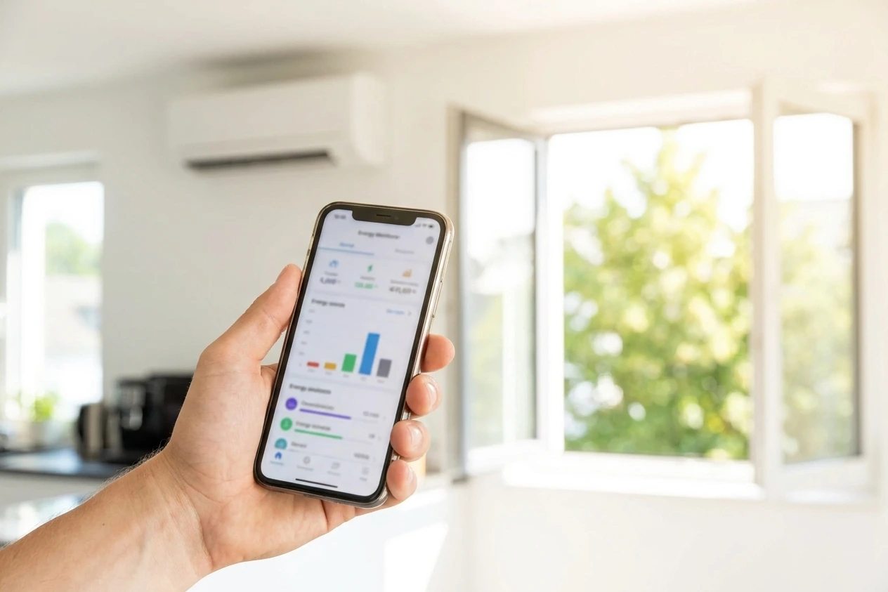 Hand hält ein Smartphone mit Energieverbrauchs-App, im Hintergrund eine Split-Klimaanlage