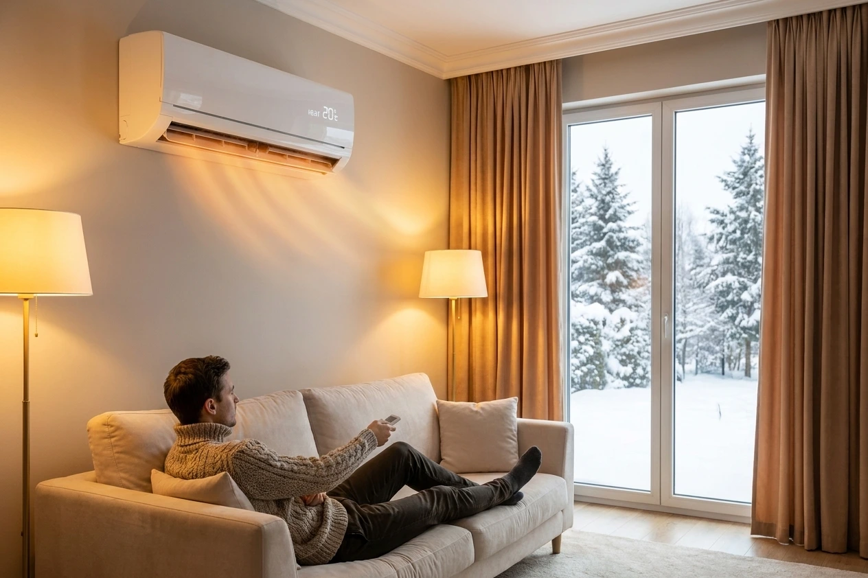 Mann steuert Klimaanlage per Fernbedienung im warmen Wohnzimmer bei winterlicher Außentemperatur.