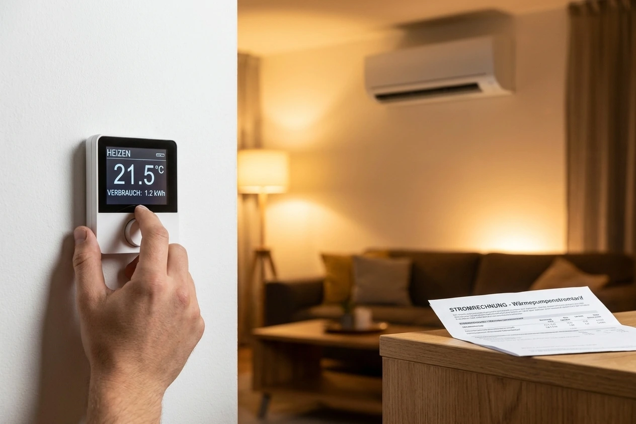 Hand bedient digitalen Thermostat im Heizbetrieb, im Hintergrund Klimaanlage und Stromrechnung.