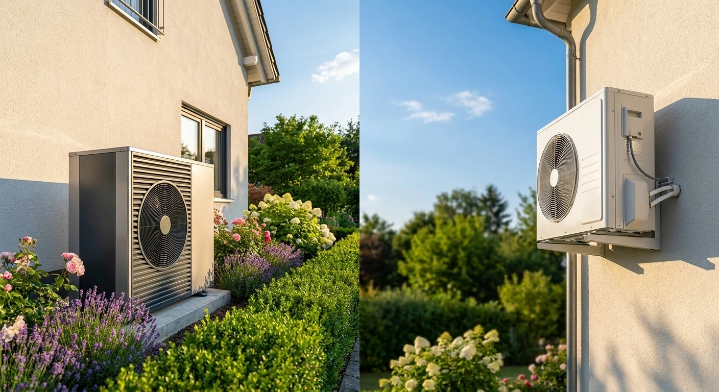 Bildvergleich: links eine Wärmepumpen-Außeneinheit im blühenden Garten, rechts ein Split-Klimaanlagen-Außengerät an einer Hauswand