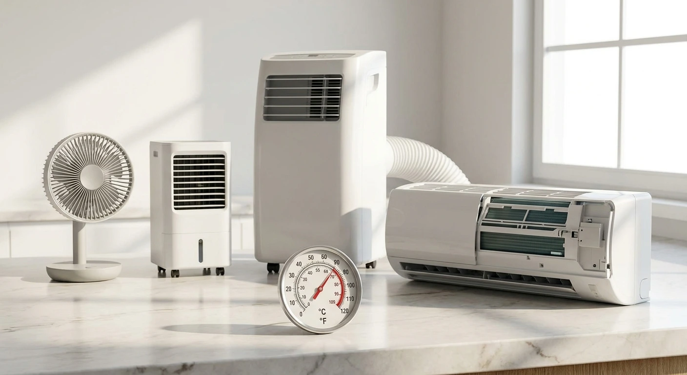 Vergleich verschiedener Kühlgeräte auf einer Marmorplatte: Ventilator, Luftkühler, mobiles Klimagerät mit Abluftschlauch, Split-Klimaanlage mit geöffnetem Filter und ein Thermometer.