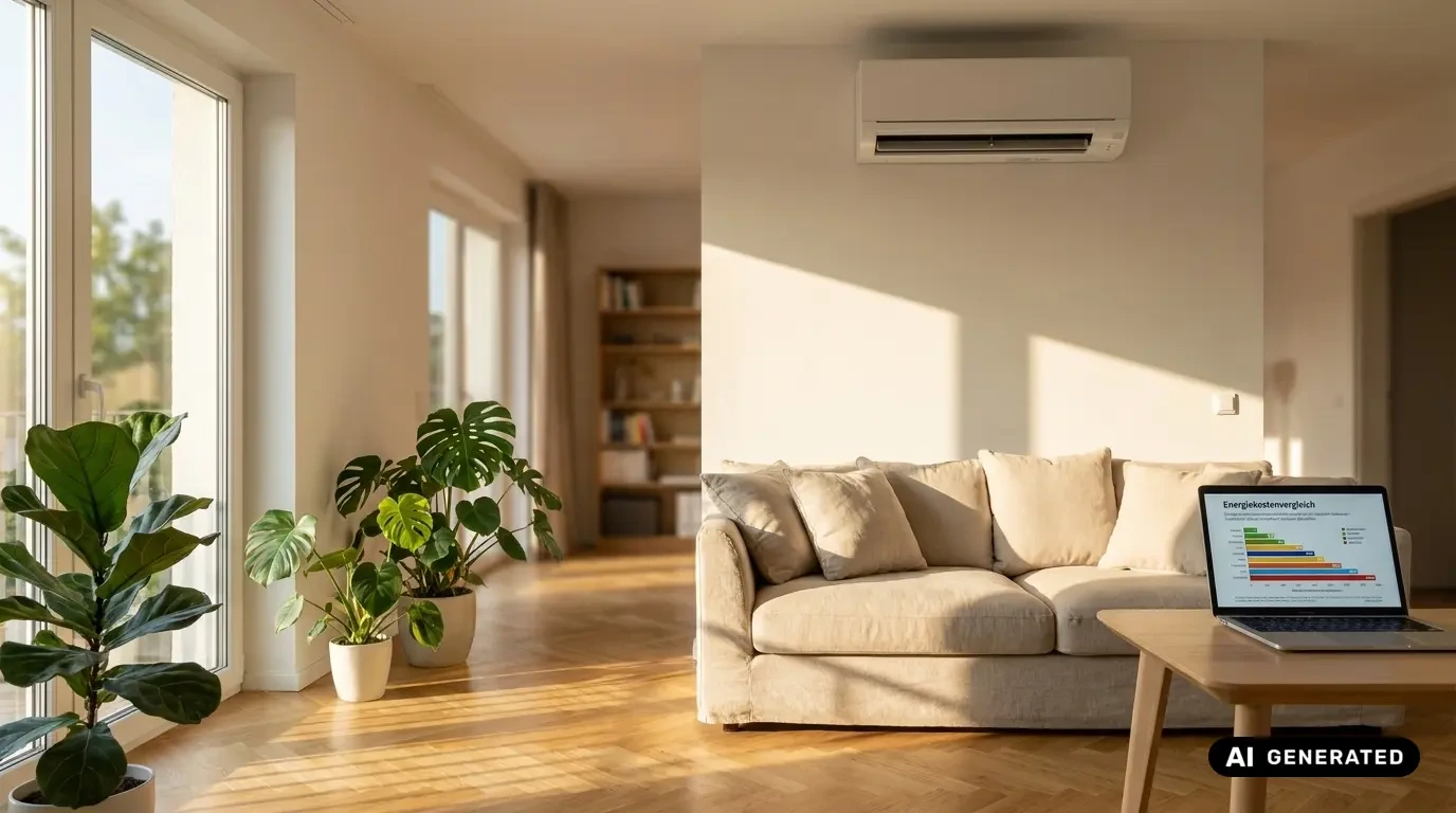 Wohnzimmer mit modernem Klimaanlagen-Innengerät an der Wand, im Vordergrund ein Laptop mit Energiekostenvergleich-Diagramm