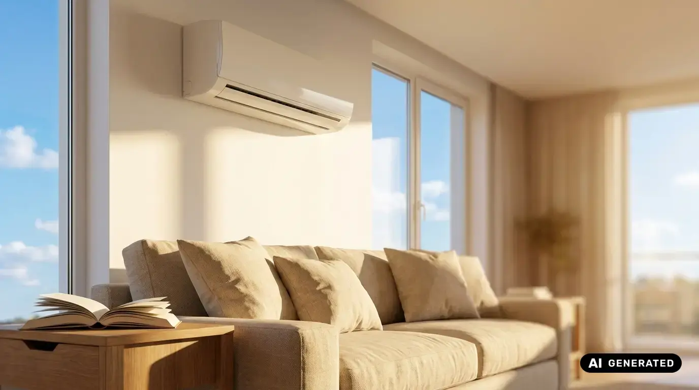 Klimaanlage über gemütlichem Sofa im sonnendurchfluteten Wohnzimmer