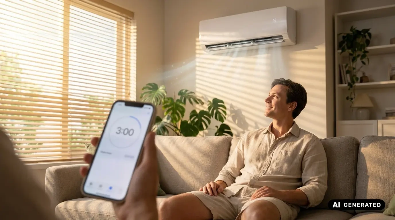 Mann sitzt entspannt auf dem Sofa vor einer laufenden Wandklimaanlage, im Vordergrund ein Smartphone mit einer 3-Minuten-Timer-Anzeige.