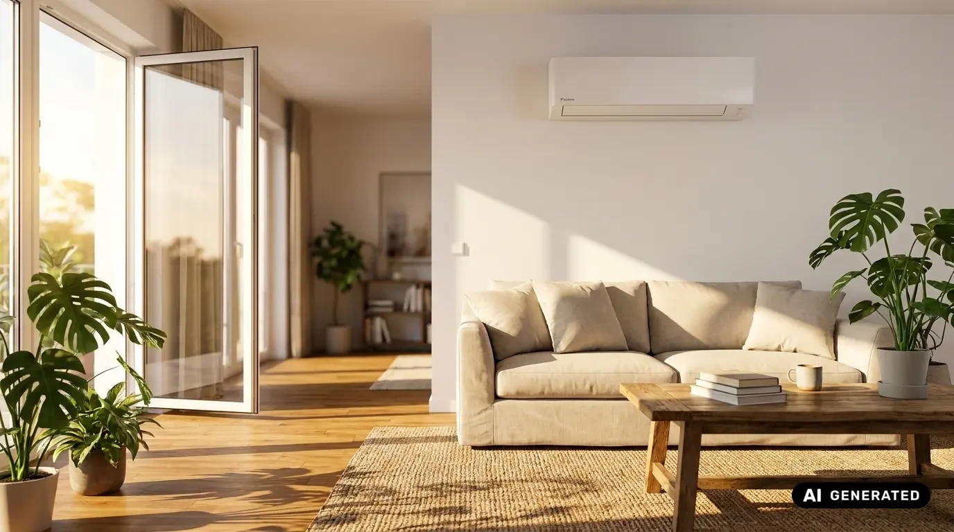 Daikin-Innengerät an der Wand eines hellen, sonnendurchfluteten Wohnzimmers mit Sofa und Zimmerpflanzen