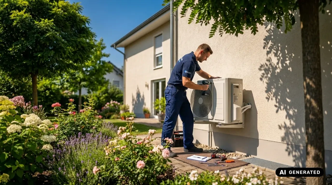 Techniker montiert das Außengerät einer Split-Klimaanlage an der Hauswand in einem blühenden Garten