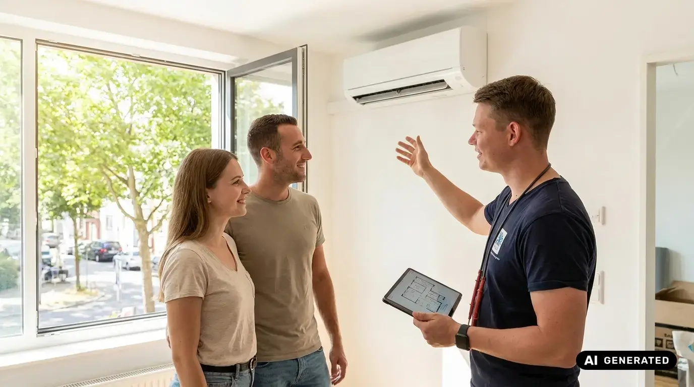 Handwerker erklärt einem Paar die neu installierte Klimaanlage in einer hellen Wohnung