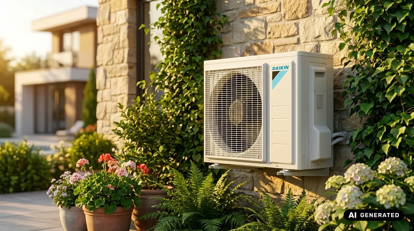 Daikin-Außengerät einer Klimaanlage, montiert an einer Natursteinwand eines Hauses und umgeben von Grünpflanzen