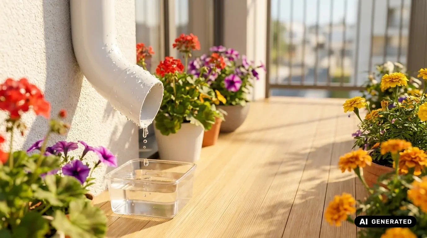 Kondenswasser tropft aus dem Abflussrohr eines Split-Klimageräts auf einem Balkon