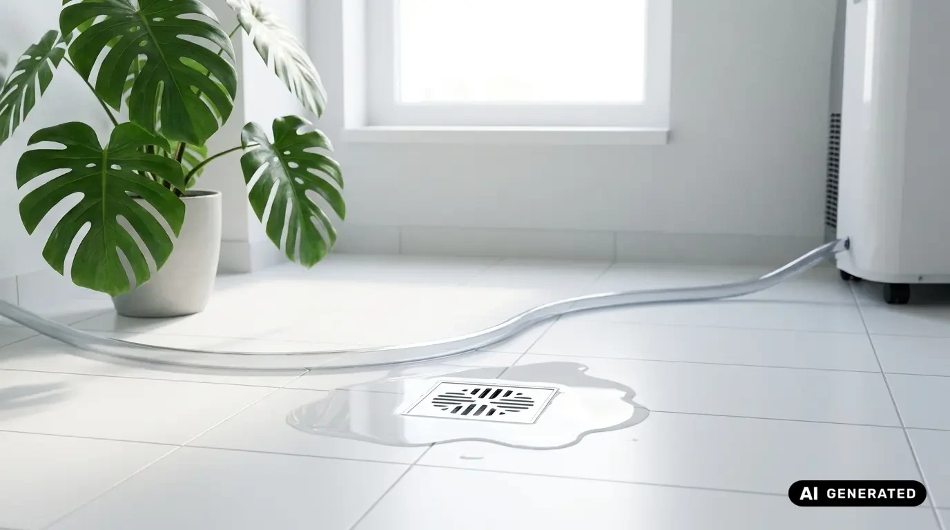 Ablaufschlauch einer mobilen Klimaanlage, der über den Boden zu einem Bodenablauf führt