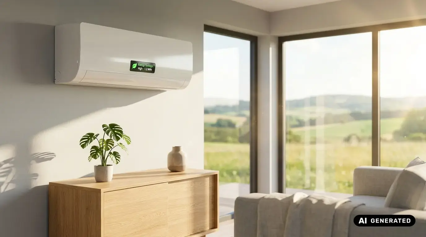 Energieeffiziente Klimaanlage an der Wand eines hellen Wohnzimmers mit Blick auf Landschaft