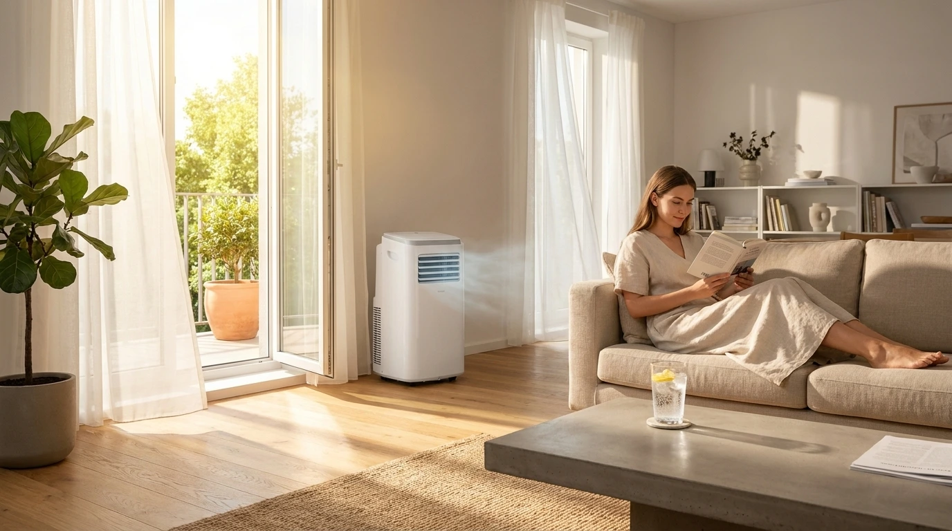 Eine Frau liest entspannt, während eine mobile Klimaanlage für angenehme Raumtemperatur sorgt
