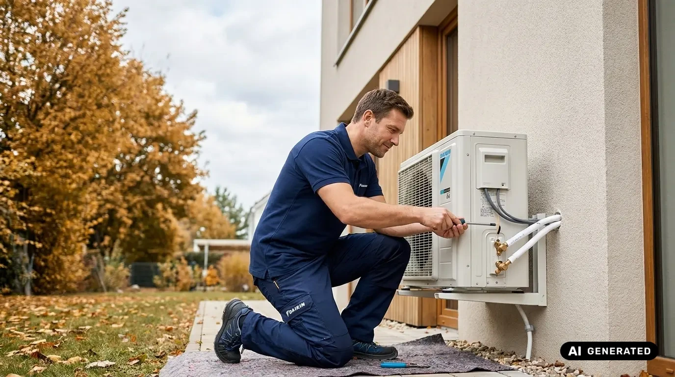 Techniker montiert Daikin Außengerät einer Klimaanlage an einer Hauswand