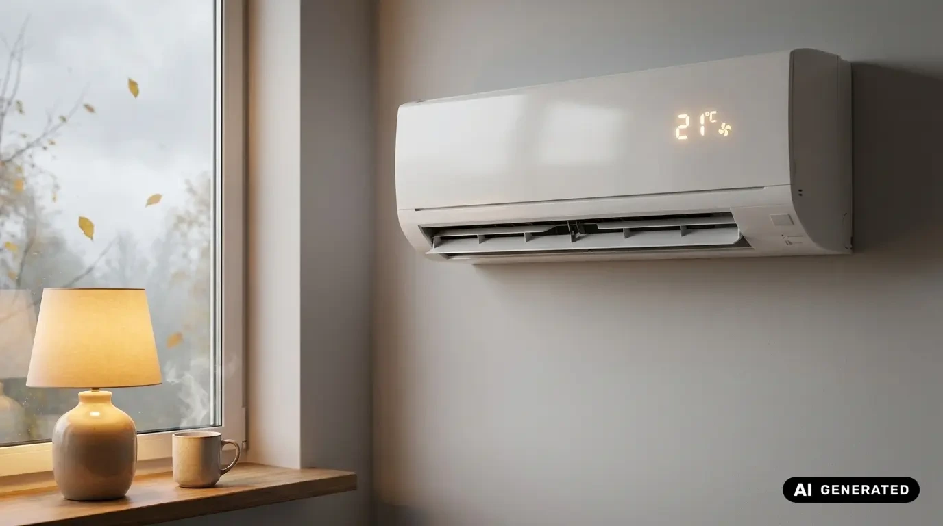 Split-Klimaanlagen-Innengerät mit beleuchtetem Display im Heizbetrieb