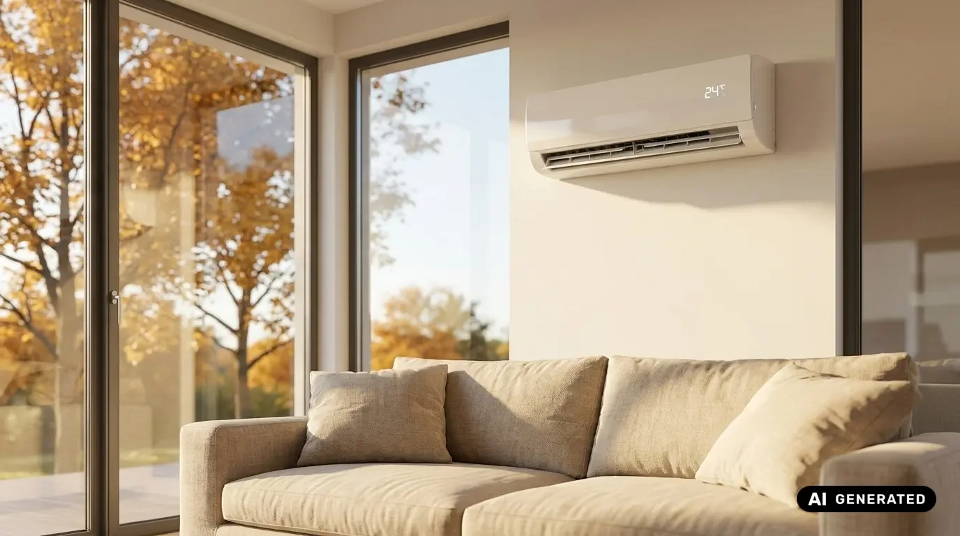 Wandmontierte Klimaanlage mit Display (24°C) über einem Sofa, im Hintergrund eine Terrassentür