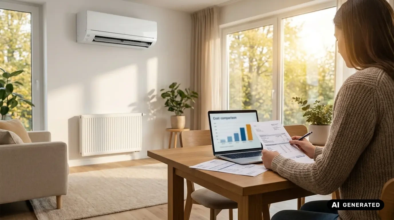 Frau vergleicht am Laptop mit Kostenvergleich-Diagramm Rechnungen, im Hintergrund eine Klimaanlage und ein klassischer Heizkörper