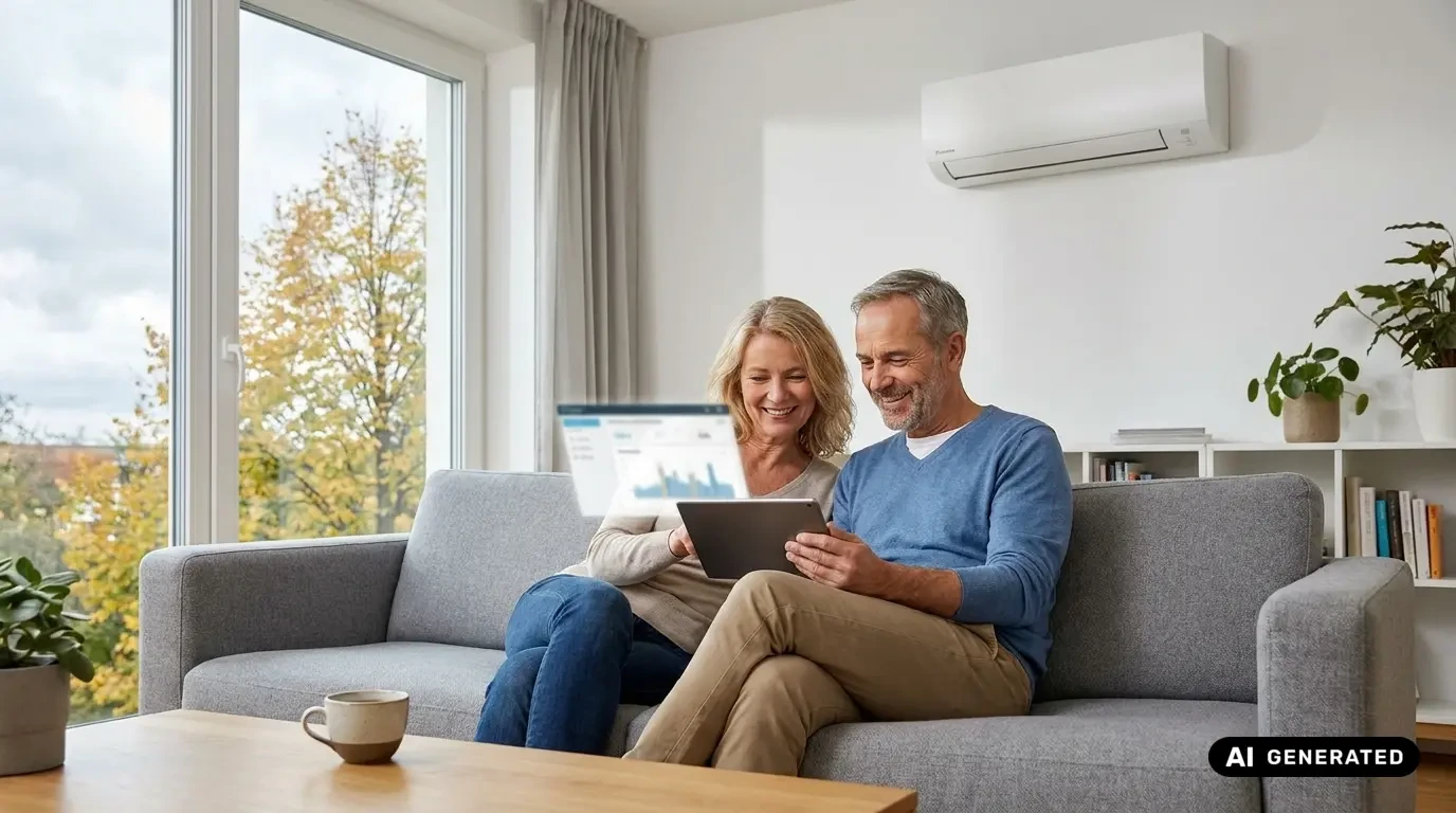 Paar sitzt entspannt auf dem Sofa und schaut gemeinsam auf ein Tablet mit Stromkosten-Statistiken