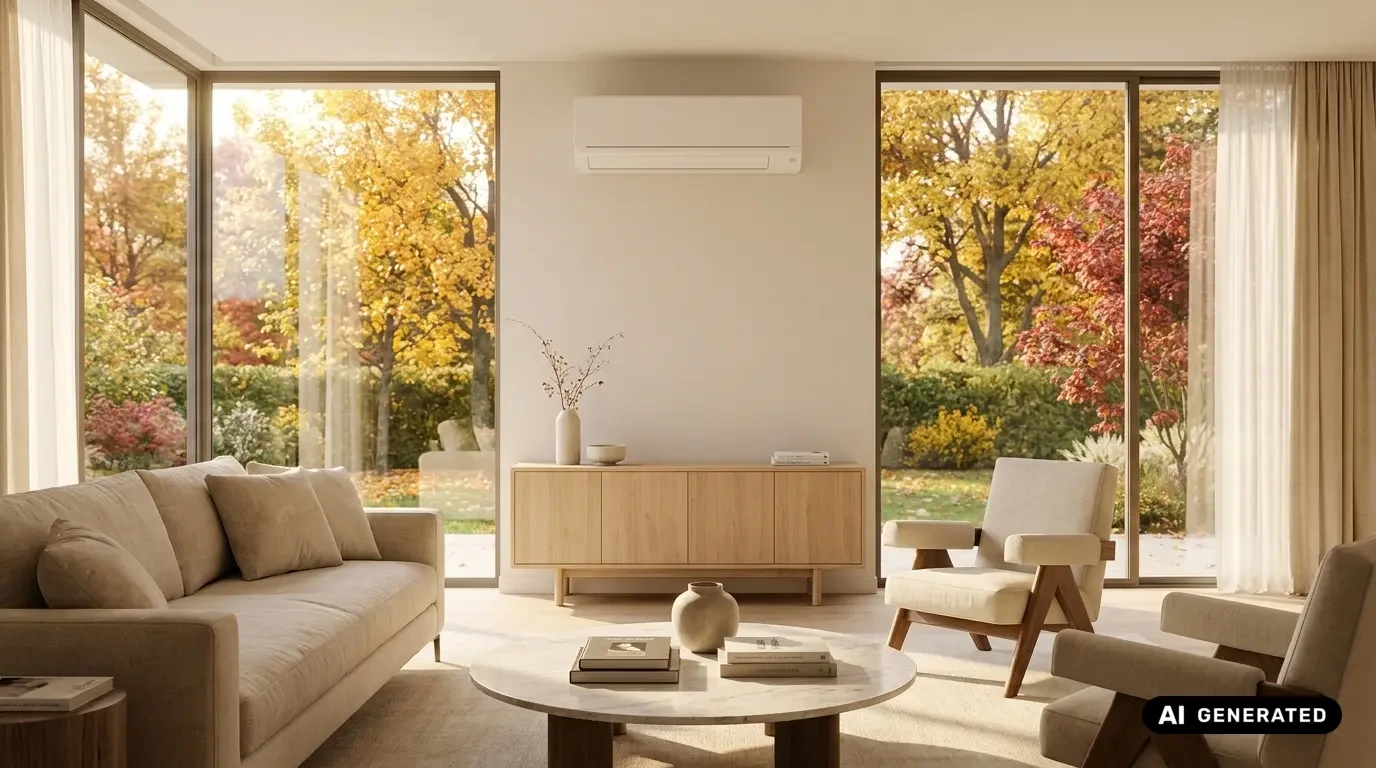 Split-Klimaanlagen-Innengerät mittig über Sideboard an Wohnzimmerwand montiert