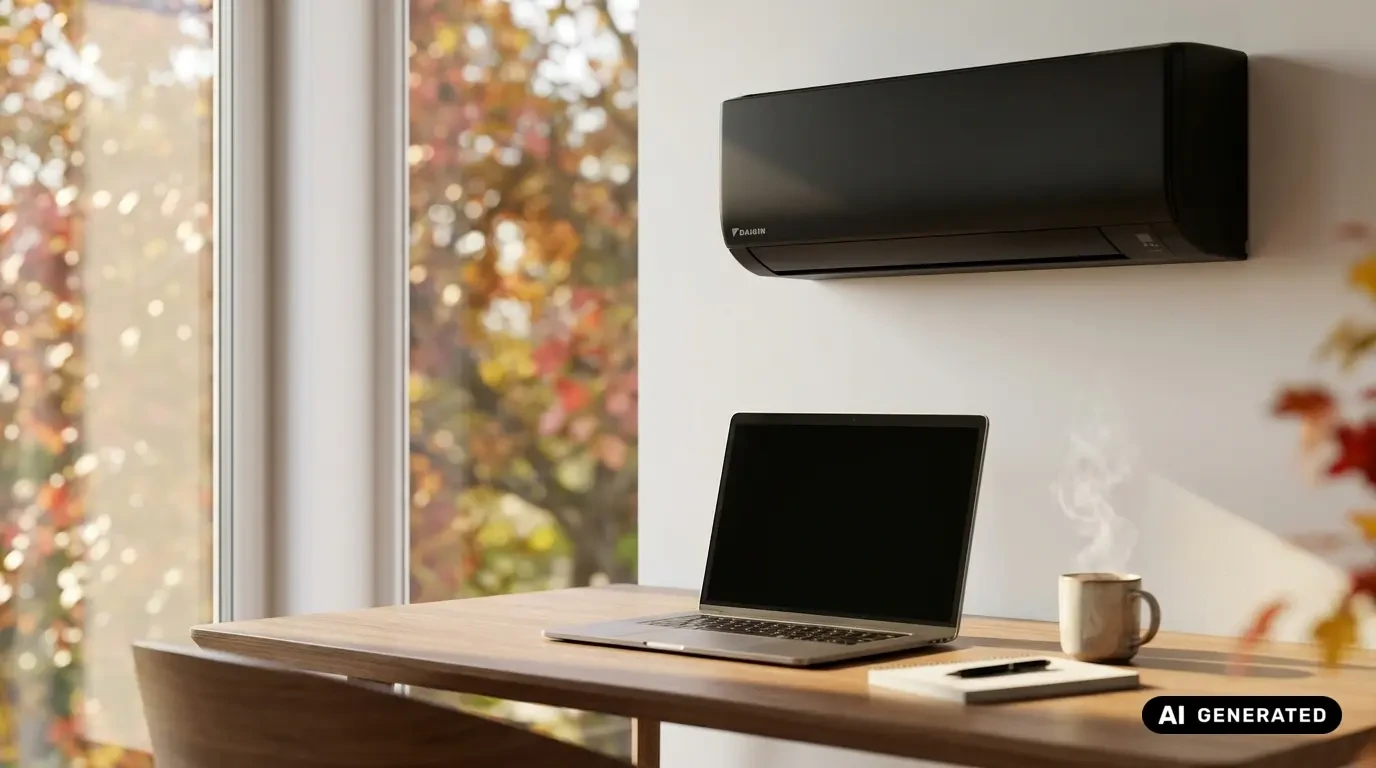 Schwarzes Daikin Split-Klimaanlagen-Innengerät an weißer Wand über einem Holzschreibtisch mit Laptop, Notizbuch und Kaffeetasse