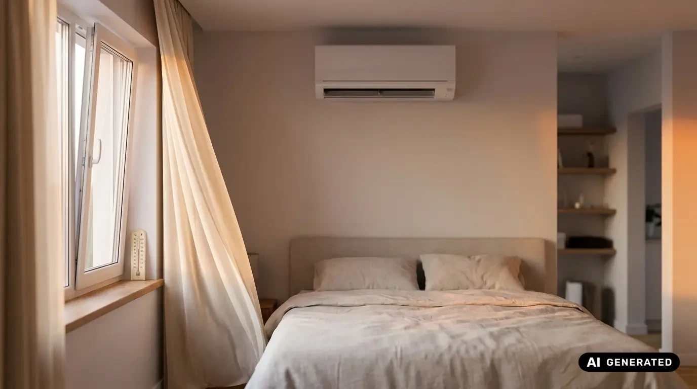 Split-Klimaanlage an der Wand über dem Bett in einem Schlafzimmer