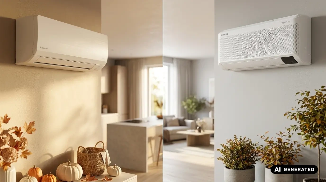 Bildvergleich zweier Split-Klimaanlagen an der Wand: Daikin und Samsung