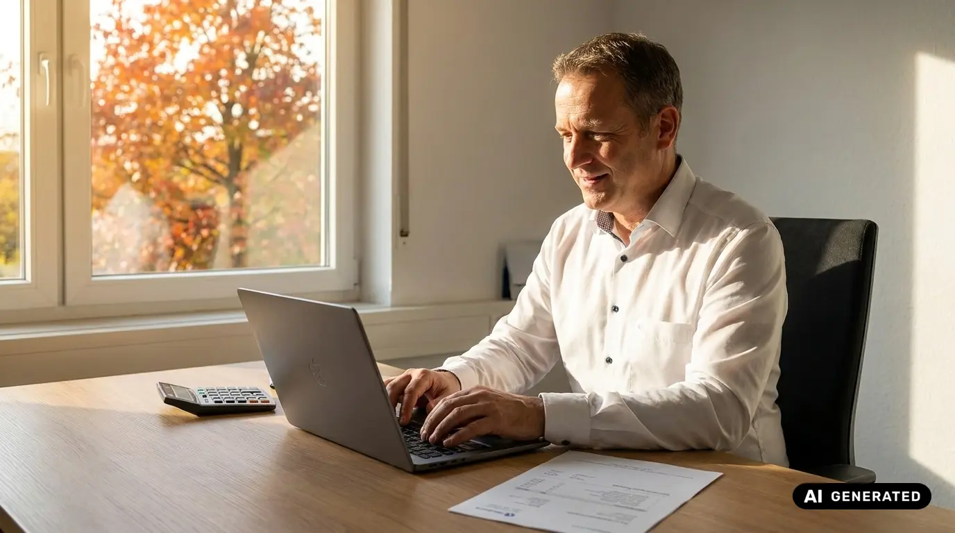 Mann sitzt am Schreibtisch vor einem Laptop, daneben liegen ein Taschenrechner und eine Rechnung