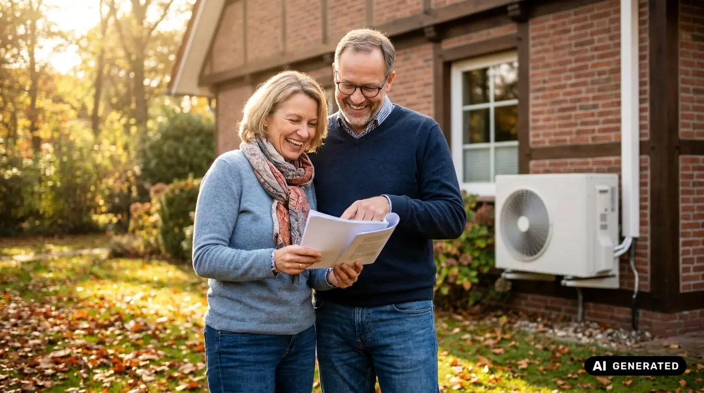 Paar liest im herbstlichen Garten gemeinsam Unterlagen, dahinter das Außengerät einer Split-Klimaanlage an der Backsteinfassade