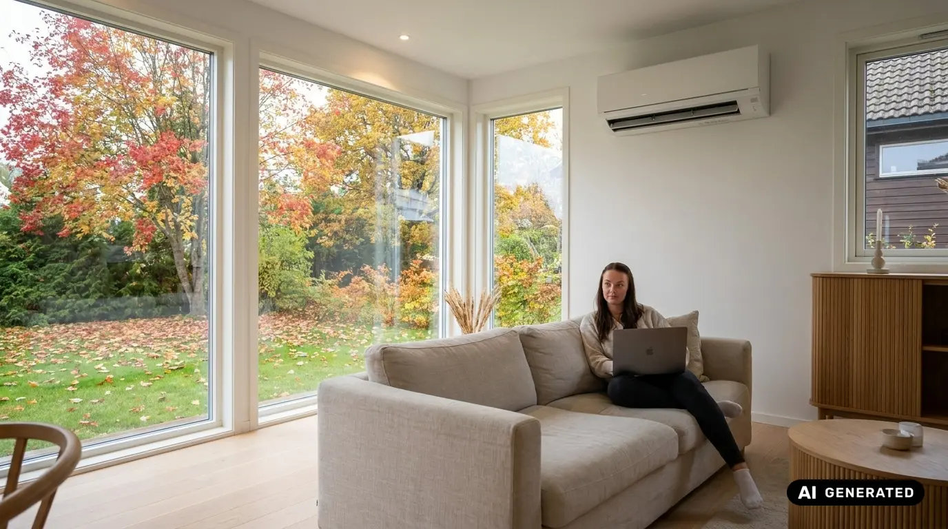 Frau sitzt mit Laptop auf dem Sofa in einem hellen Wohnzimmer, an der Wand hängt das Innengerät einer Klimaanlage