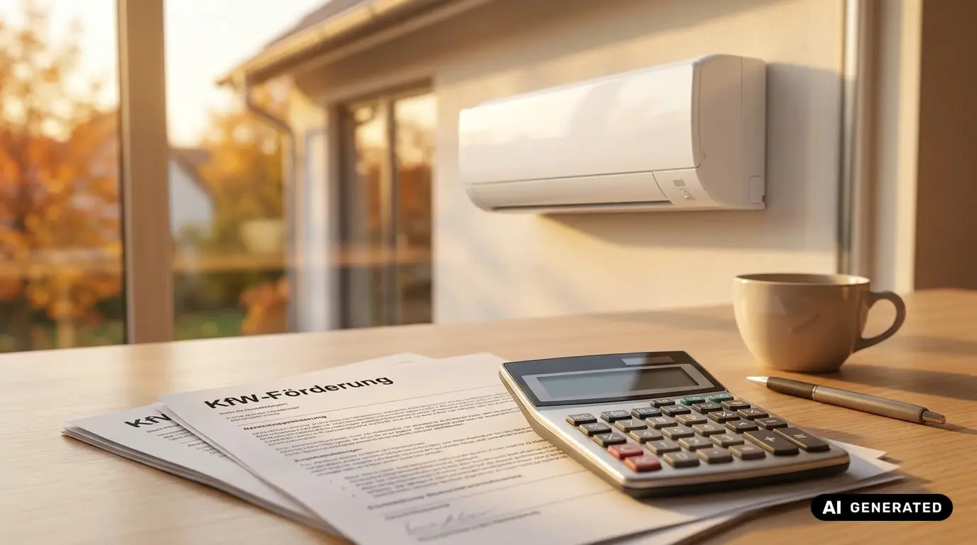 Split-Klimaanlage an der Wand, davor ein Tisch mit KfW-Förderunterlagen, Taschenrechner und Kaffeetasse