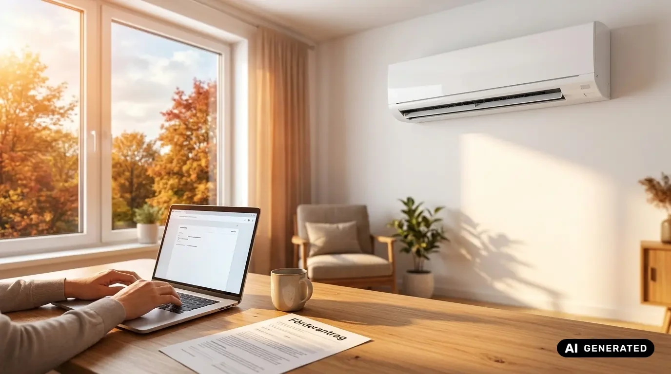 Person füllt am Laptop einen Förderantrag aus, an der Wand darüber hängt das Innengerät einer Split-Klimaanlage