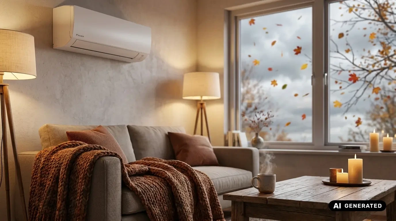 Gemütliches Wohnzimmer mit Herbstdekoration und Daikin-Klimagerät an der Wand
