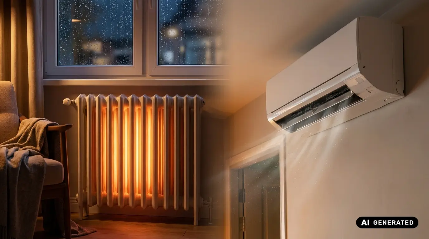 Gegenüberstellung von klassischem Heizkörper unter einem regennassen Fenster und dem Wandgerät einer Klimaanlage