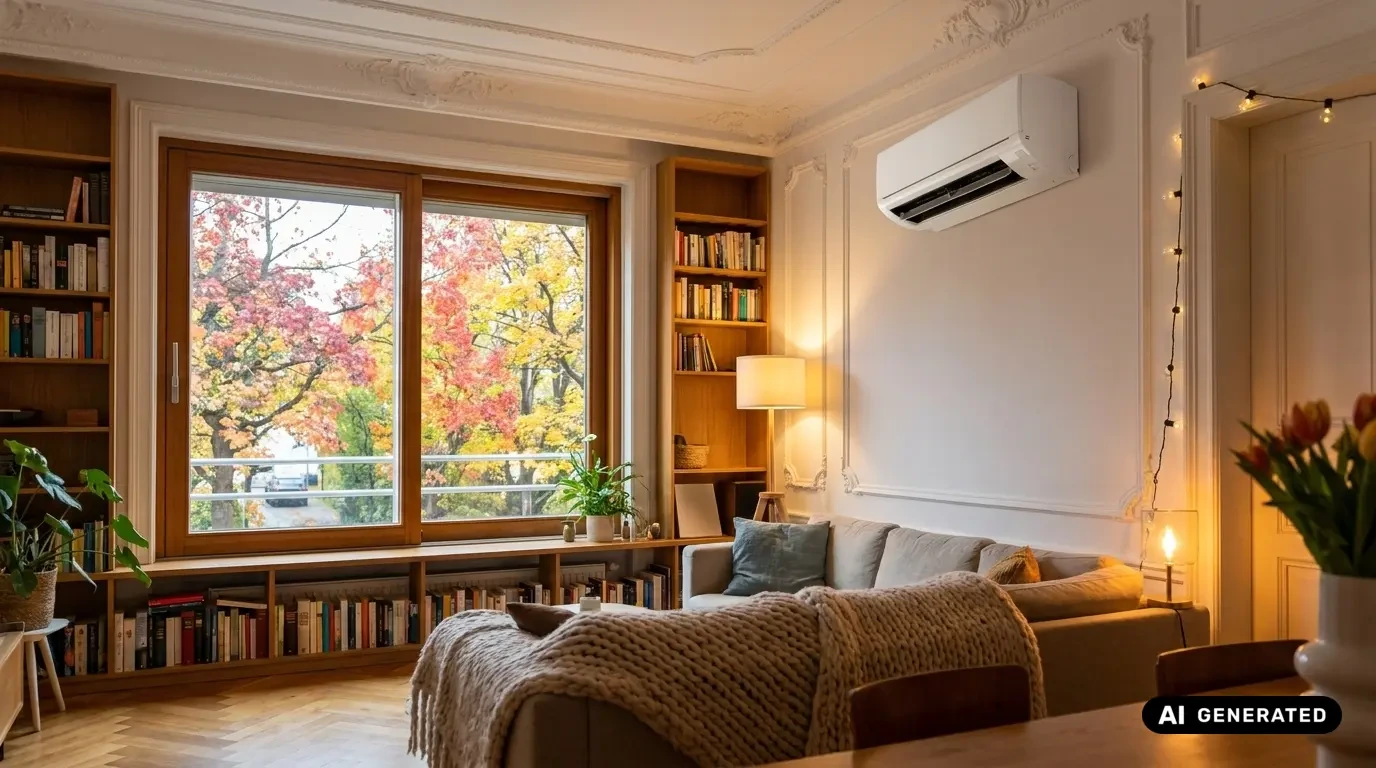 Weißes Wandgerät einer Klimaanlage über einem Sofa in einem gemütlichen Altbau-Wohnzimmer mit Stuck und Bücherregalen